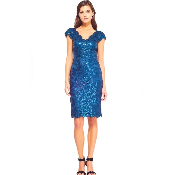 Tadashi Shoji Dresses & Skirts - NEW! Tadashi Shoji Paillette Embroidered Lace V-Neck Dress Sequins Blue SZ 6